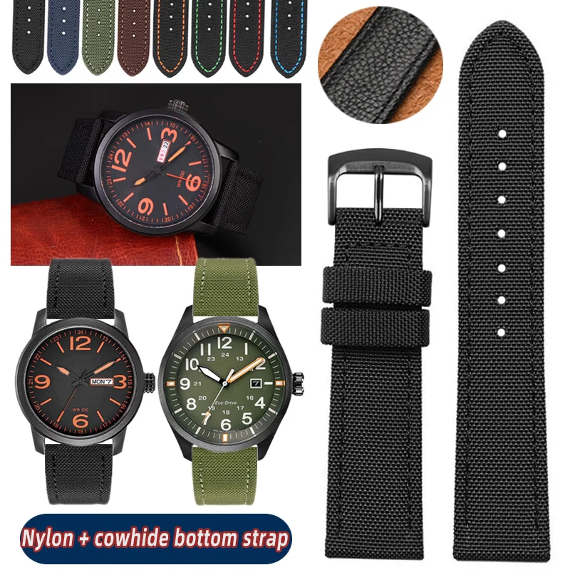 For Citizen BM8475 BM7140 Seiko Timex Watch band Waterproof nylon canvas Sports Outdoor Leather strap men's 20mm 22mm 23mm Green