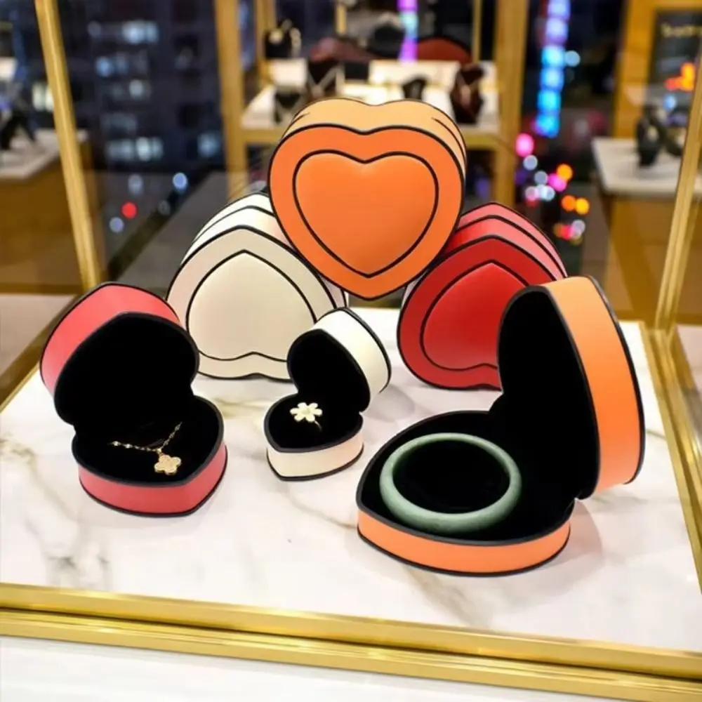Heart-shaped Jewelry Box Solid-color Surface PU Leather Gift Packaging Box Compact Portable Size Reliable Stitching Storage Box