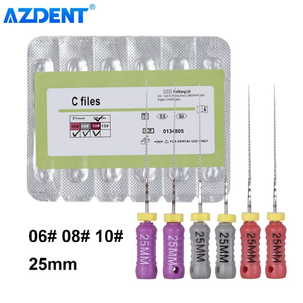 Dental Hand Use C Files Endo Root Canal AZDENT 25mm #6 #8 #10 Stainless Steel Endodontics Files Dental Instrument 6pcs/pack