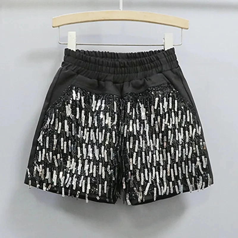 2025 Primavera/Estate Nuovi pantaloncini elastici in vita moda scintillante Discoteca socialite Pantaloni caldi in tre parti Tendenza donna