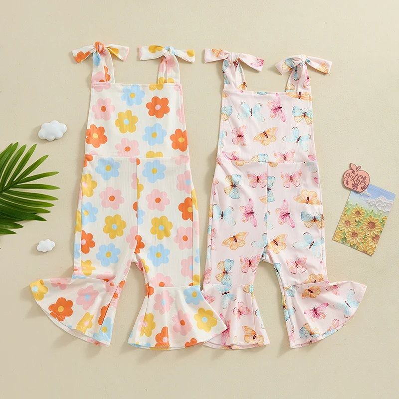 

Little Girls Summer Casual Jumpsuit Sleeveless Backless Butterfly Floral Print Flare Playsuit