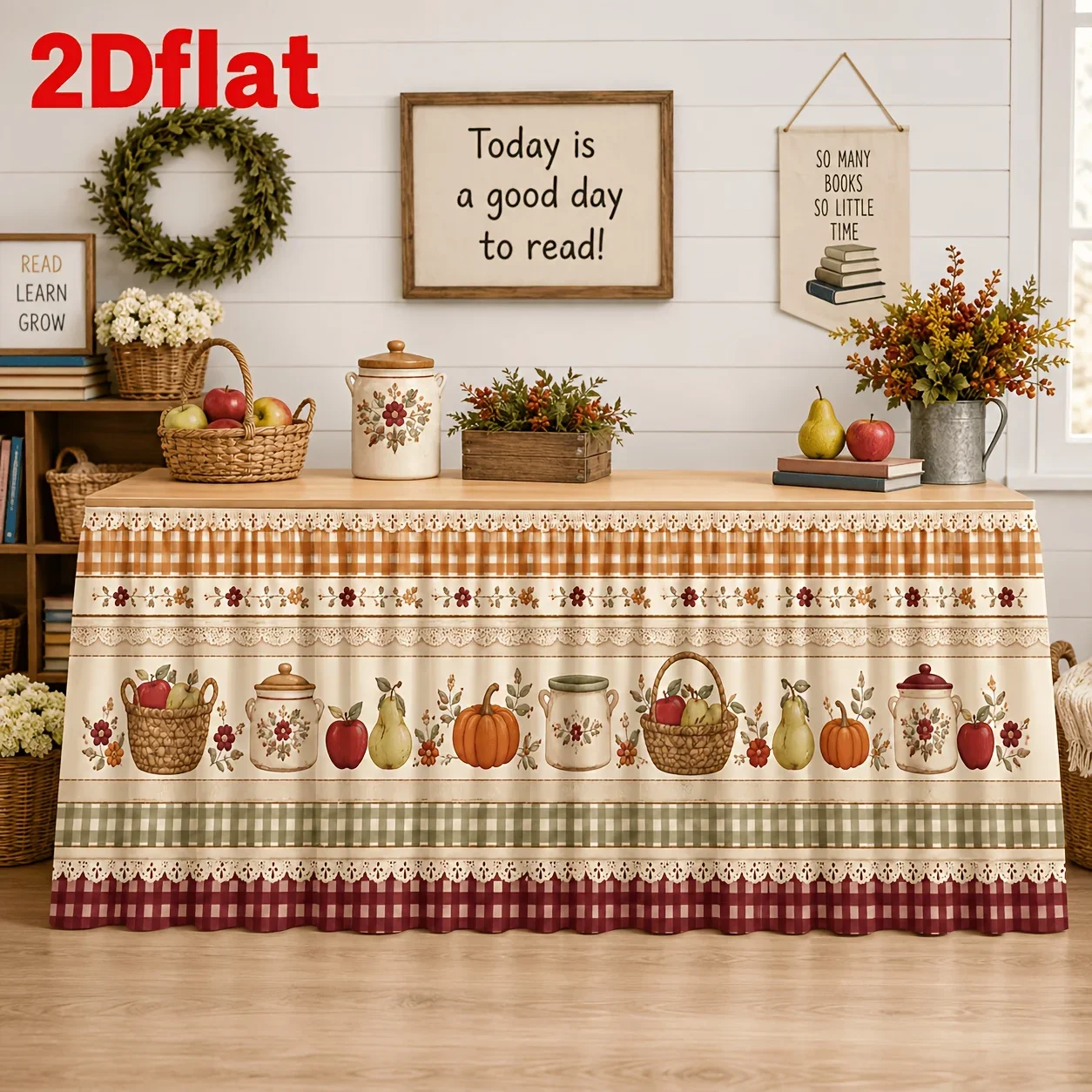 1 piece, tablecloth, featuring a harvest theme, including pumpkins, apples, and pears