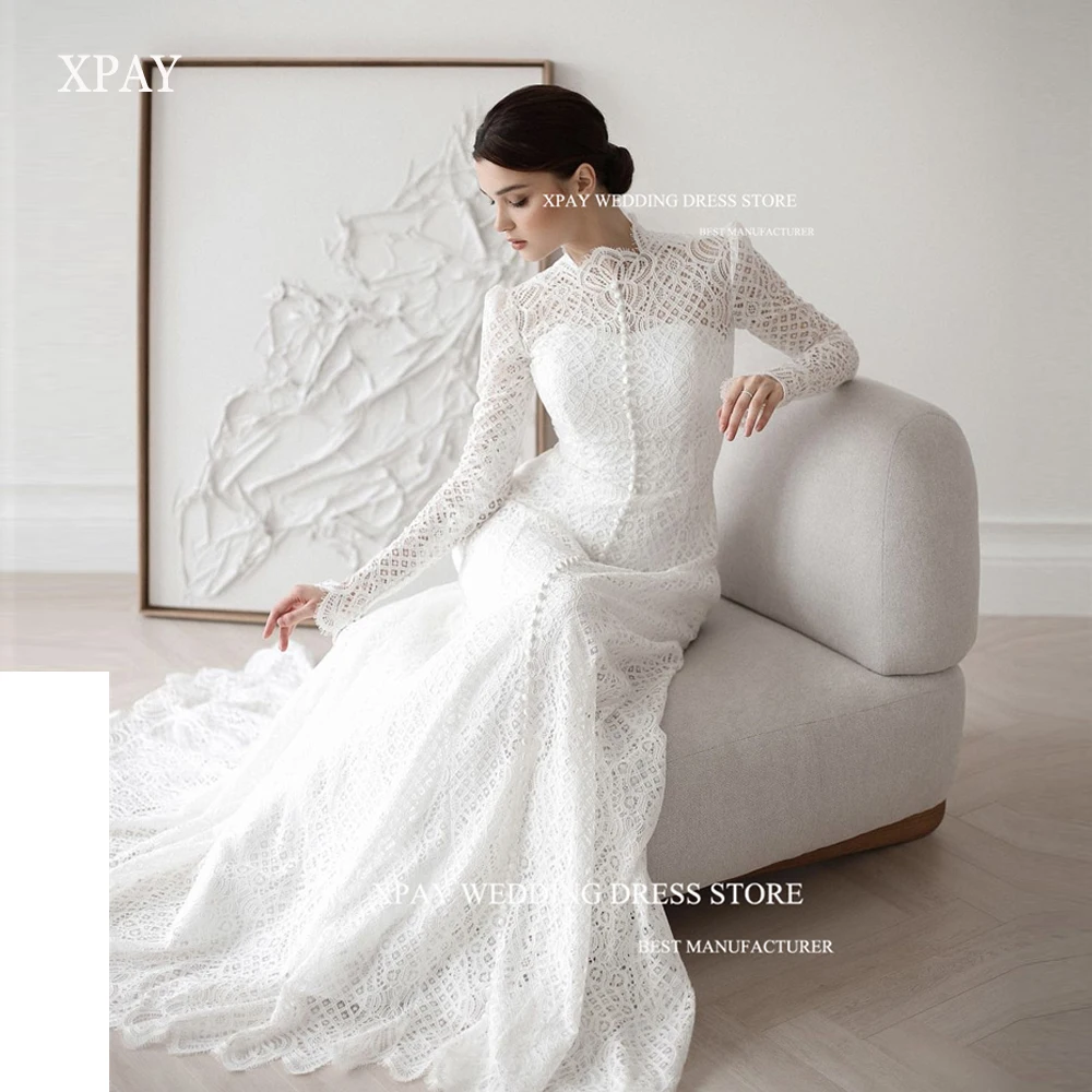 

XPAY Modest A Line Full Lace Wedding Dresses Dubai Arabic Women High Neck Long Sleeves Buttons Sweep Train Classic Bride Gowns