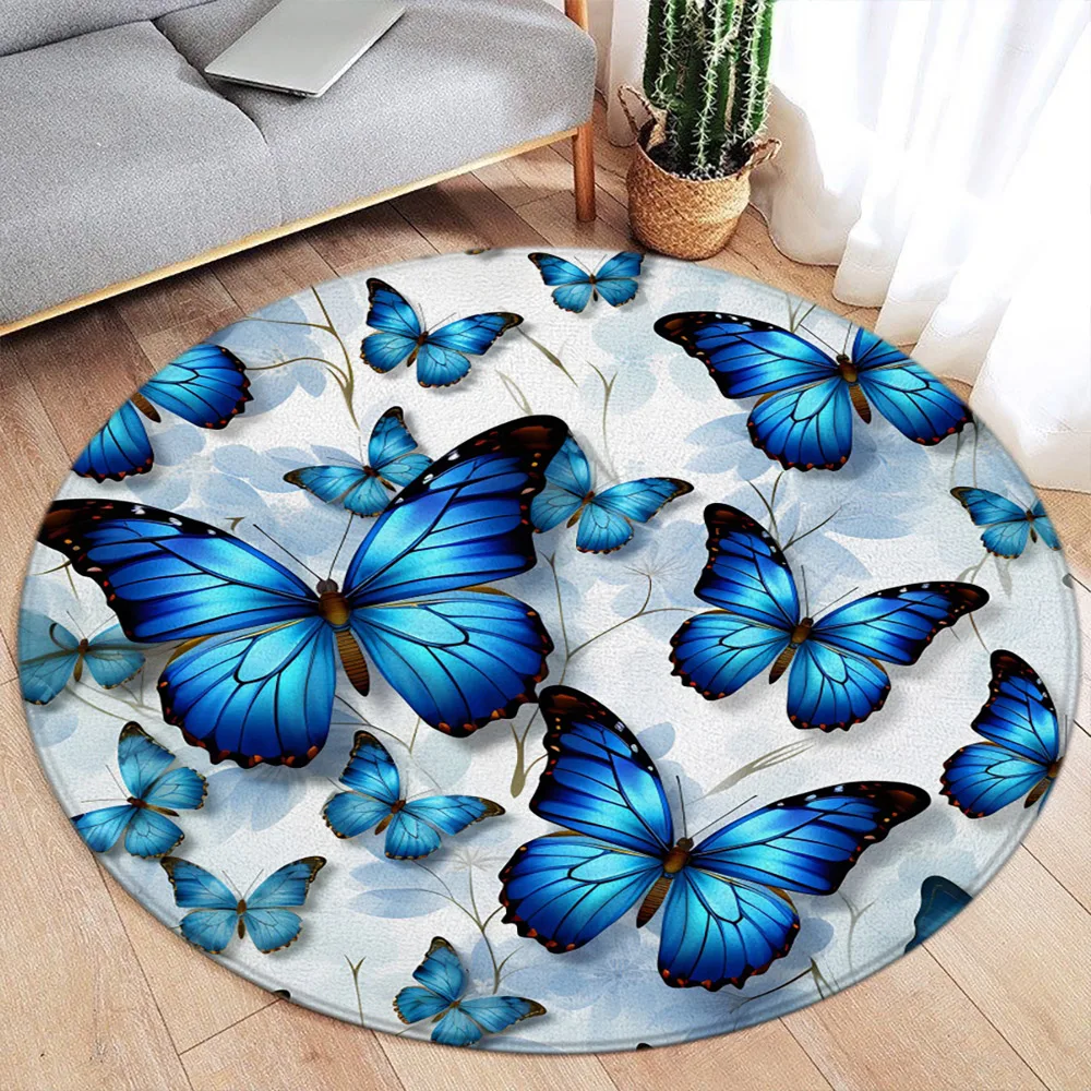 Blue Butterfly Round Carpet Black and White Pebble Pattern Modern Home Living Room Bedroom Decorative Flannel Mats Floor Rugs