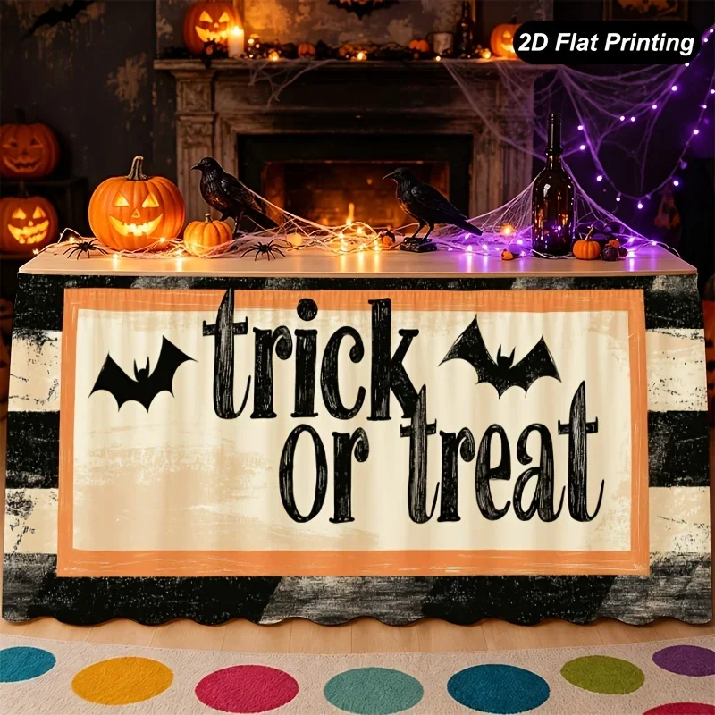 1pc Halloween table skirt, featuring bat pattern on a black and white background, suitable for Halloween autumn partiesxzj