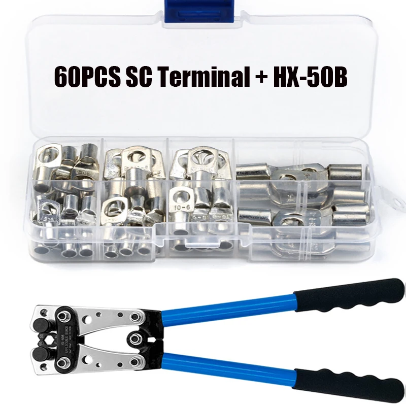 60pcs SC Bare Copper Lug Terminal Ring with HX-50B Battery Cable Lug Crimping Pliers for SC Electrical Wire Connector Terminals