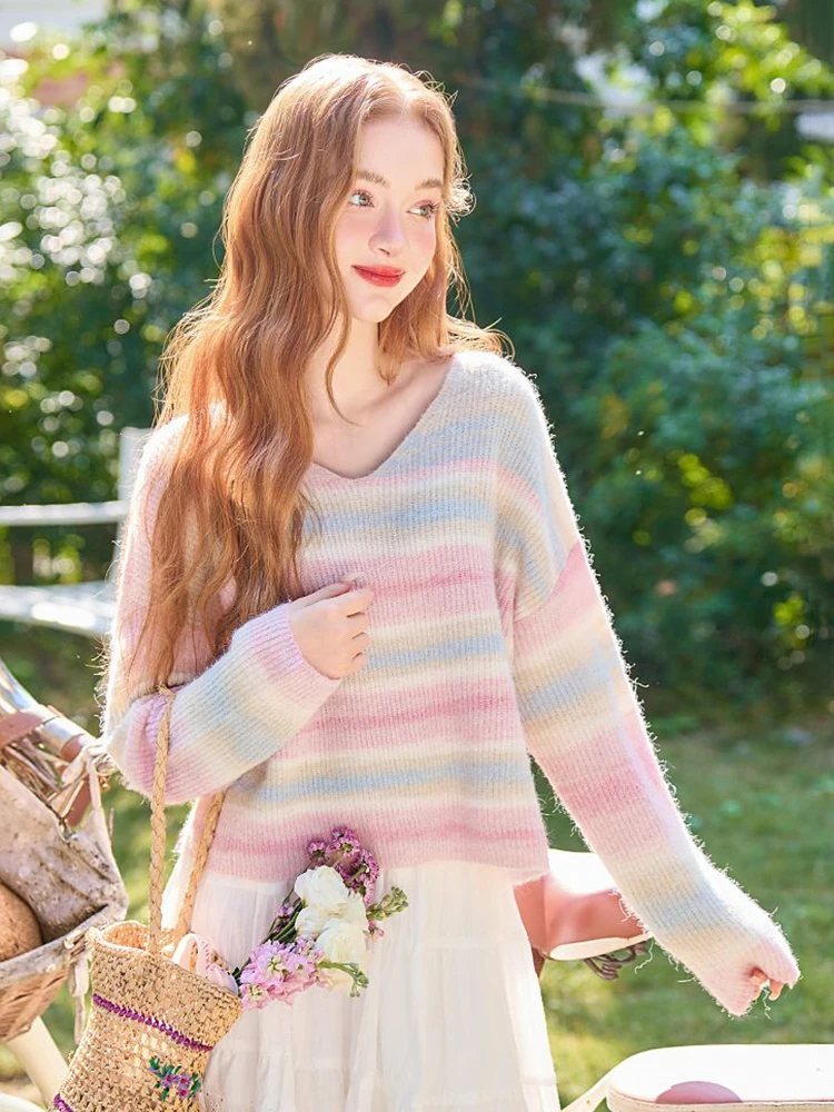 Jmprs Cute Japan Rainbow Sweaters Women Sweet Fashion Knitted Pullovers Casual Preppy Style Long Sleeve Female V Neck Jumper Top