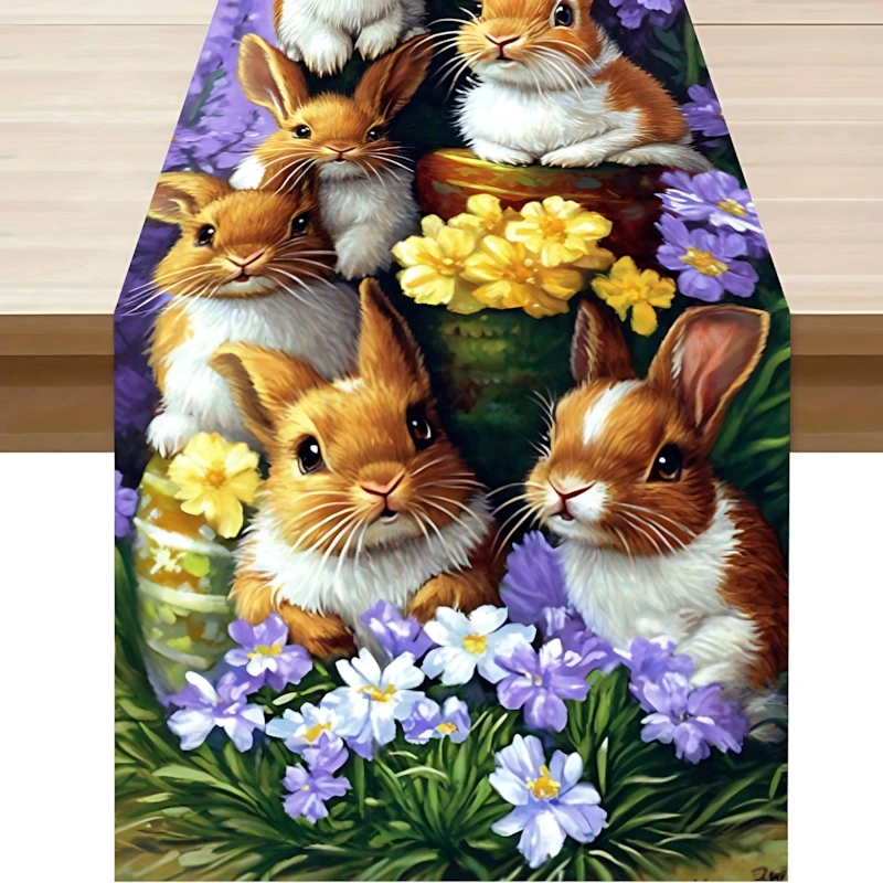 Rabbit And Easter Egg Flower Pattern Table Runner Easter Personalized Tablecloth for Holiday Kitchens Holiday Decoration