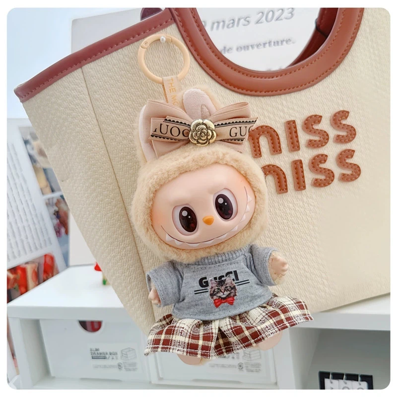 15 17cm For Labubu Doll Checkered Trousers Pattern Outfit Clothes Bowknot Hair Accessory Luxury Skirt Dress Clothing Accessories