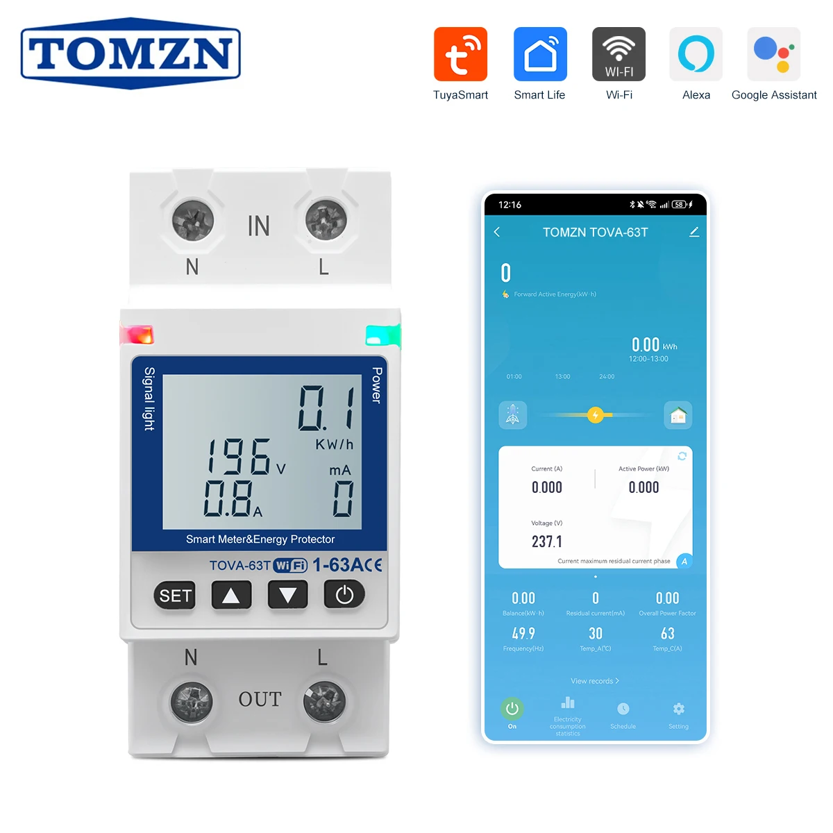

Умный выключатель TOVA-63T WIFI 63A Smartlife с функцией измерения энергии, таймером, защитой от перенапряжения, перегрузки по току и утечки тока