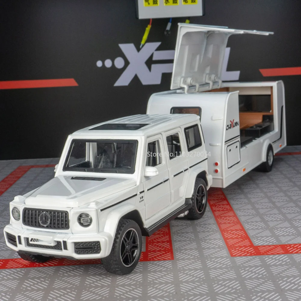 

1/32 Alloy Car Model G63 Trailer RV Truck Metal Diecast Toy With Sound And Light Pull Back Off Road Vehicle Collection Kids Gift