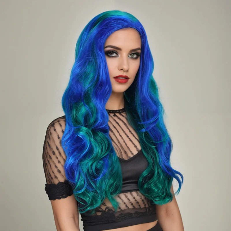 Synthetic long curly hair with blue highlights, natural and realistic lace part wig