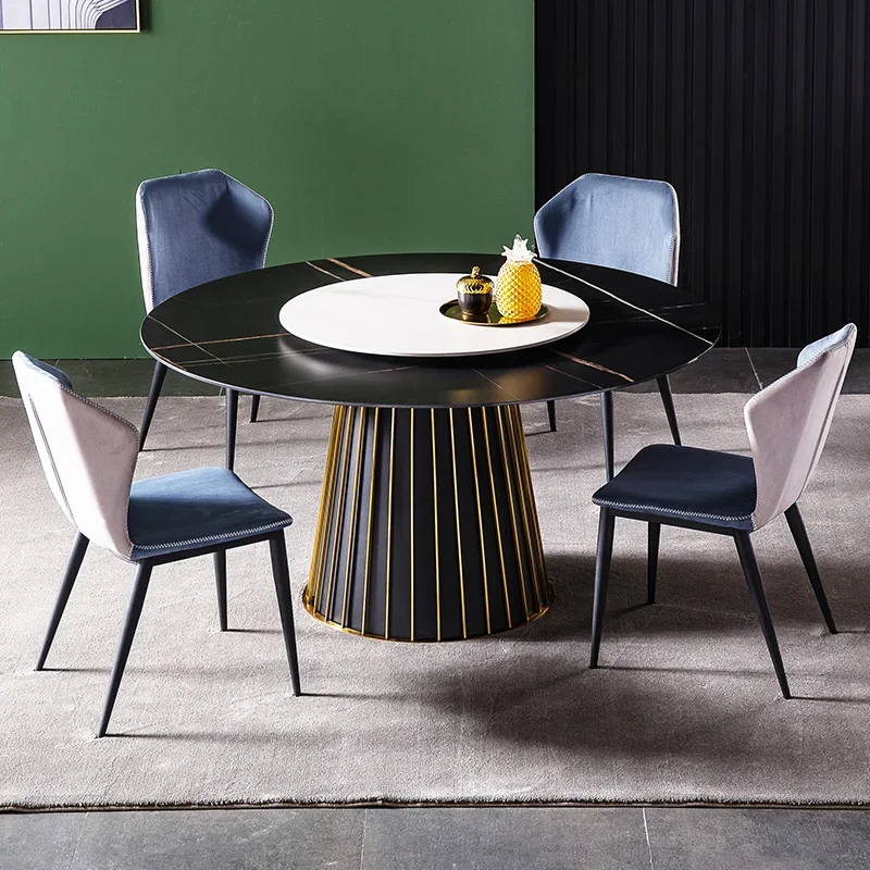 

Rock round dining table Modern simple household size Nordic combination light luxury round table with turntable Rock round table