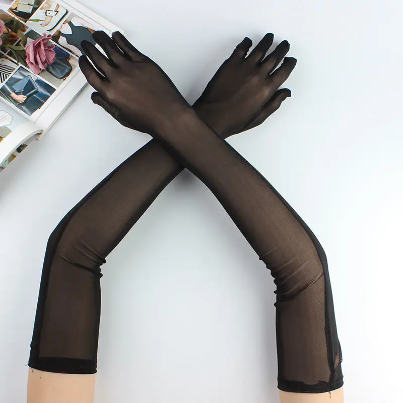 Thin Elasticity Tulle Mesh Gloves Elegant Women Sexy Black Summer Sunscreen Gloves Female Anti-uv Driving Car Mittens Accessory