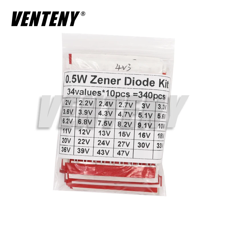 340pcs 1/2W Zener Diode Assorted Kit DO-35 0.5W 2V-47V 34Values Each 10pcs DIY Sample Set