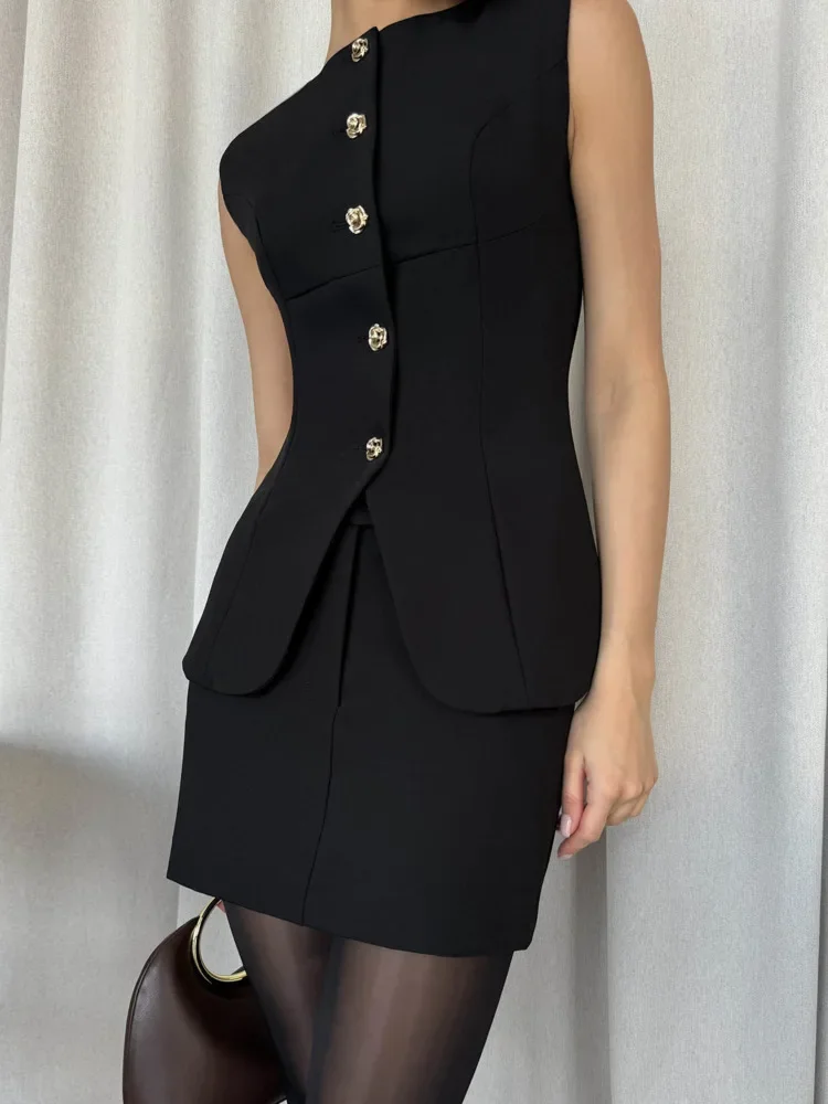 

XIAOTANG Fashion Sexy Skirt Two Piece Sets Women O Neck Sleeveless Top Vest and Mini Skirt Female Elegant 2 Piece Set Elegant