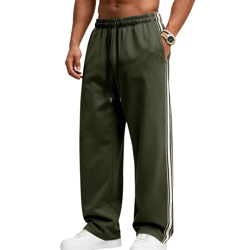 2026 Men's Heavy Fleece Wide Leg Sweatpants, Knitted Side Striped Elastic Drawstring Waist Straight Pants