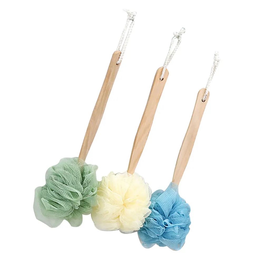 

3pcs Wooden Long Handle Bath Balls Nylon Scrubbing Brush For Shower Exfoliating Body Scrubber Bathroom Supplies