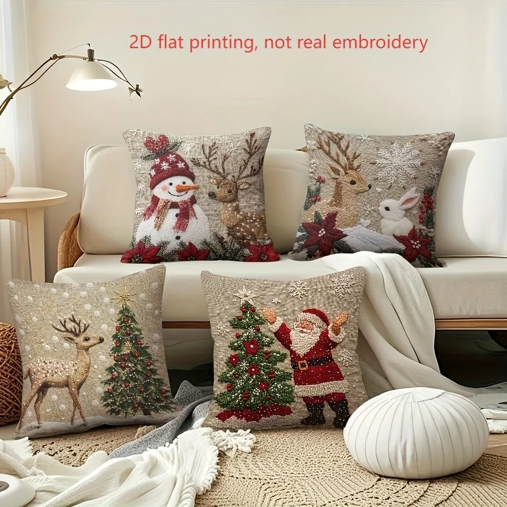 Funda de almohada navideña: patrón de muñeco de nieve, renos, conejito y Papá Noel, decoración del hogar de Año Nuevo