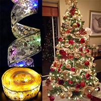10M Christmas ribbon LED light string decoration Xmas tree decoration pendant gift hot stamping doublelayer ribbon navidad natal