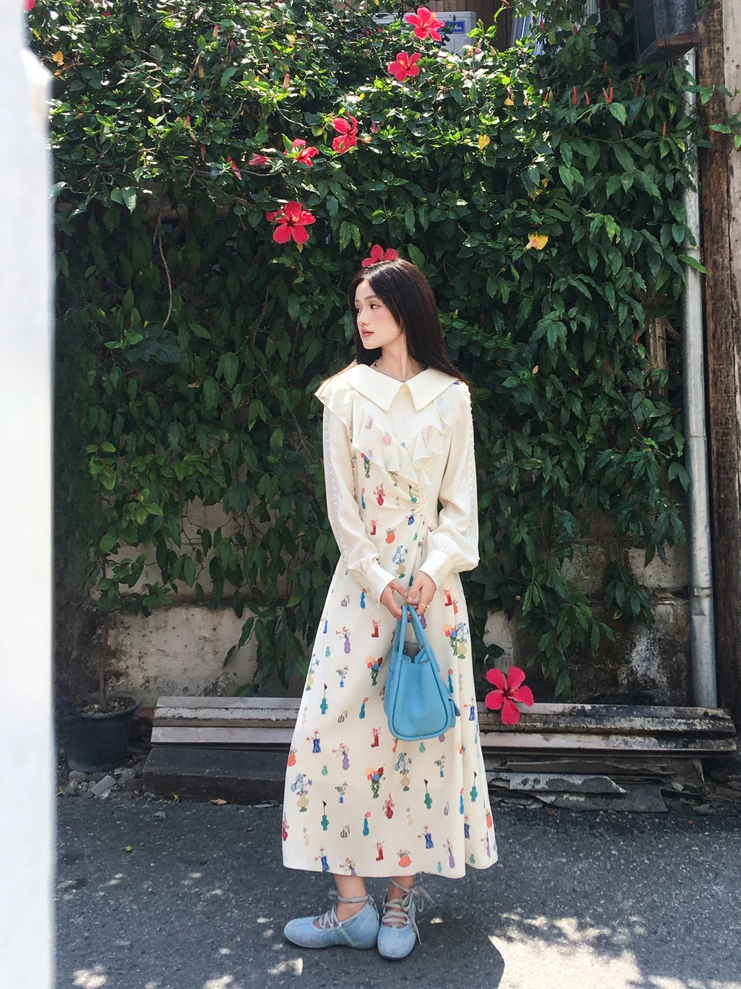 

Gula Liangpin Original Floral Print Long Sleeve Waist Cinched Doll Collar Dress Comfortable Medium Softness Summer Chiffon Dress