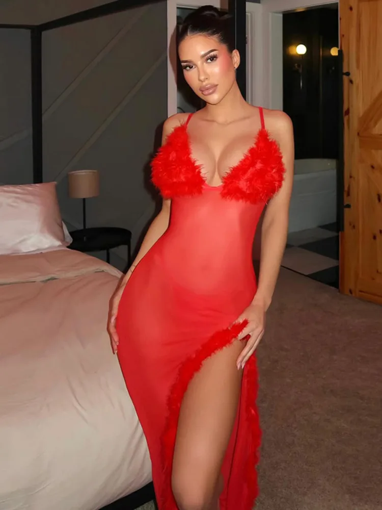 

Articat Sexy Sleeveless Hollow Out Mesh Perspective Burr Strap Set Women Summer New2025 Split Long Vestidos Set Resort Beachwear