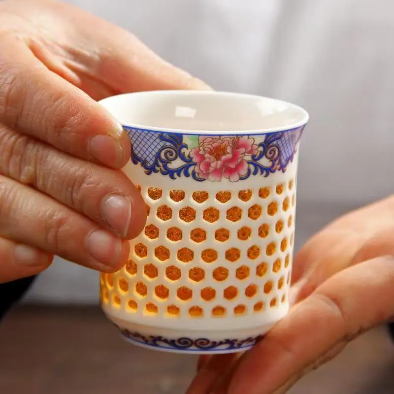 Crystal Hollow Tea Cup White Ceramic Teaware Blue Porcelain Teacup Kung Fu Tea Set Gifts Drinkware Water Cup Puer Tea Bowl