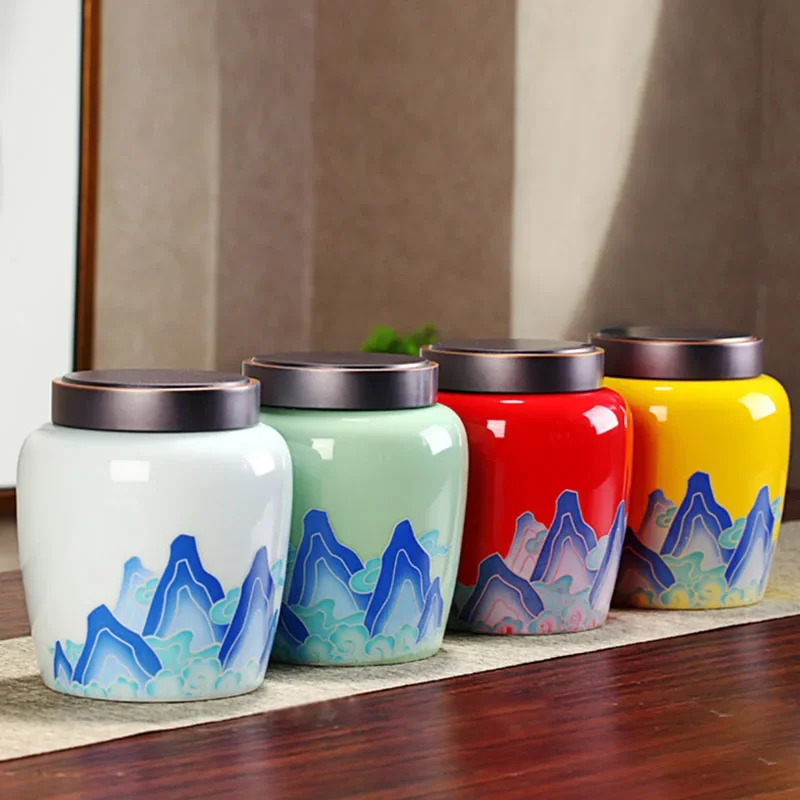 

Ceramic Tea Pot Landscape Sealed Aluminum Lid Storage Bottle Large-capacity Kitchen Container