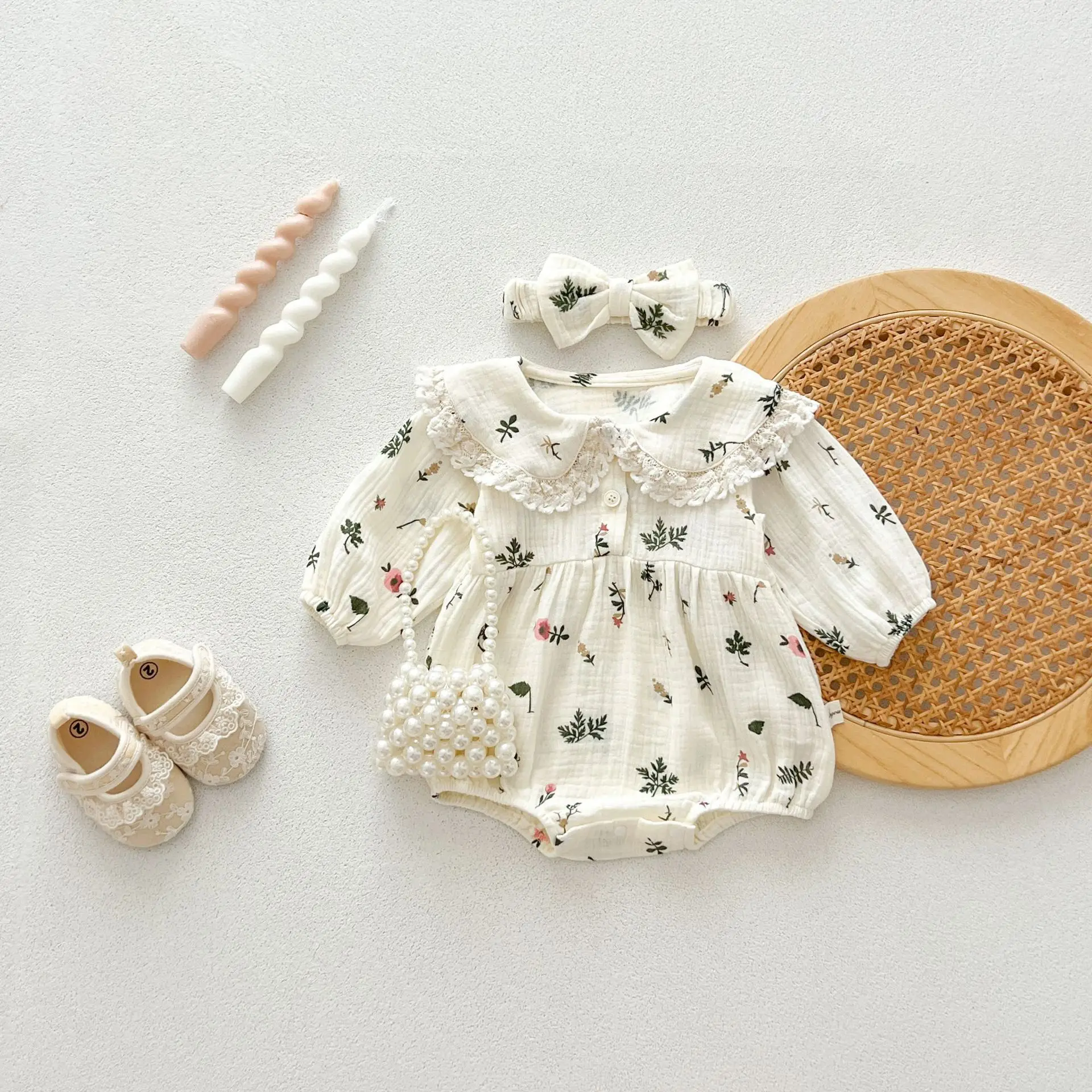 Autumn Newborn Infant Baby Girls Sweet Flower Romper + Headband Muslin  Lapel Rompers Kids Onepiece Fashion Baby Clothing