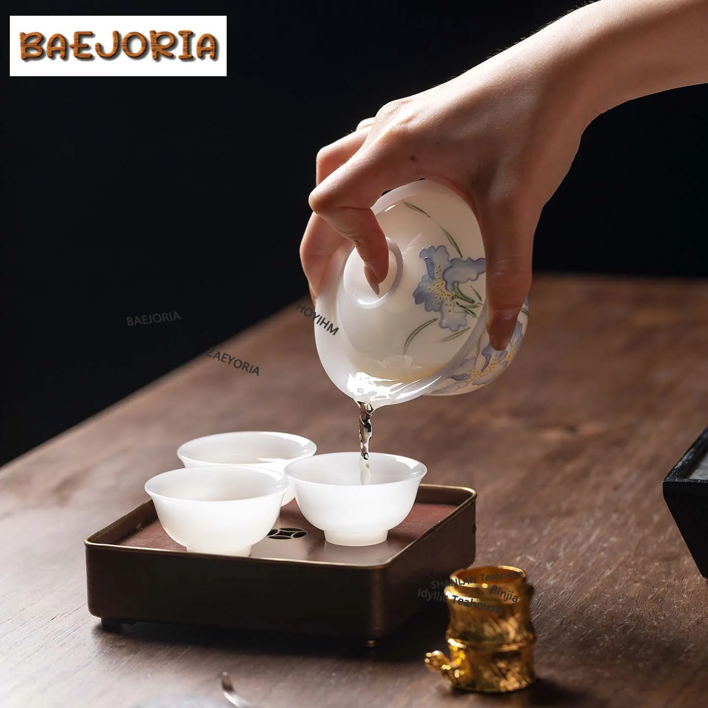 BAEJORIA 130ml Ice-pure Jade Hand Painted Wind Iris Gaiwan Ancient Tea Tureen Tea Bowl With Lid Kit Tea Maker Cover Bowl For Tea