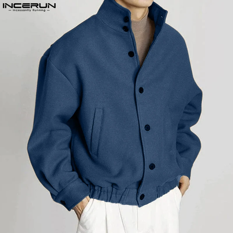 

INCERUN Men Jackets Solid Faux Wool Blends Stand Collar Long Sleeve Male Coats Streetwear Autumn Winter Fashion Casual Jackets
