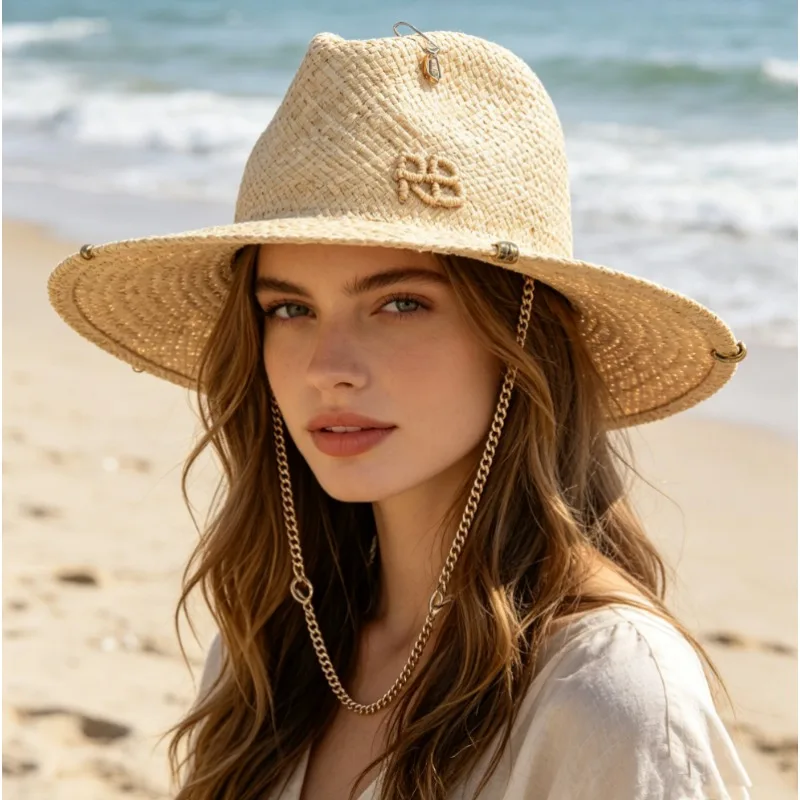 Raffia Straw Sun Hat Breathable Sunscreen Formal Hat Fashion Beach Vacation Wide Brim Headwear