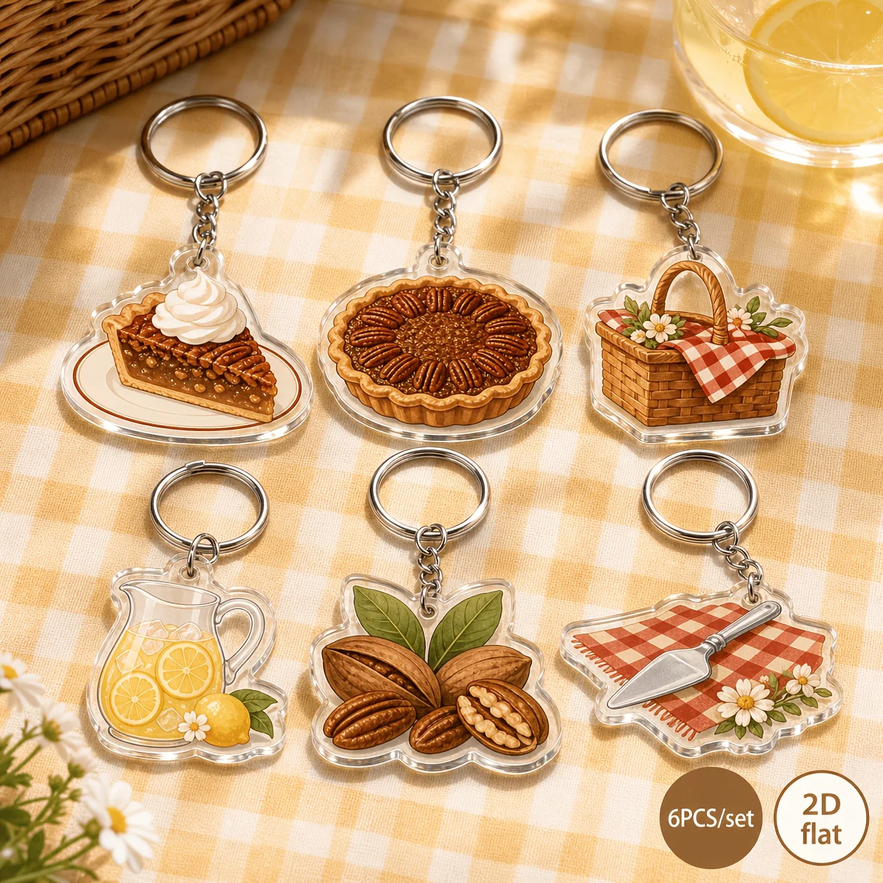 2D Flat-Style Sweet Picnic Food-Themed Chestnut Pie, Lemonade, and Basket Keychain Bag Charm