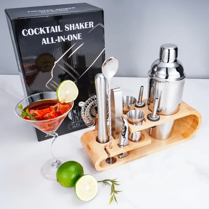 QZQ Best Selling Cocktail Shaker Set Mixer Rocker Boston Bar Supplies Tools Stainless Steel Bartender Set with Bamboo Frame
