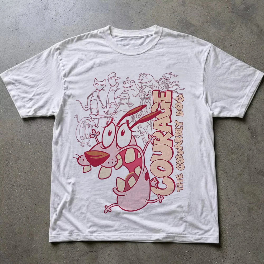 Vintage Courage the Cowardly Dog Cartoon Print Short Sleeve T-Shirt Retro Unisex Graphic Tee 90s Nostalgia Summer Streetwear Top