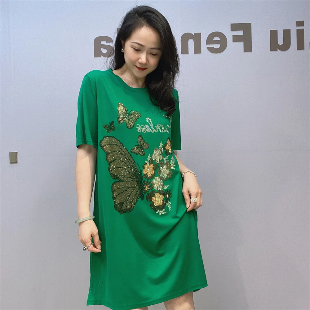 Fashion Butterfly Rhinestone Short Sleeve T-shirt Dress 2024 Summer New Round Neck Pullover Loose A- Line Casual Dress Women