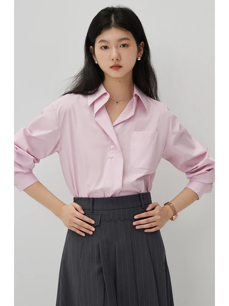 ZIQIAO Solid Color Pima Cotton French Design Drop Shoulder Sleeve Shirt for Women 2024 Spring Niche Commuter Top Female