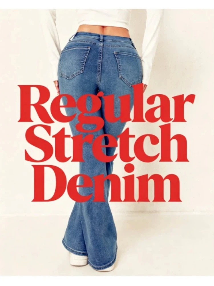 Blue Slim Fit Casual Stretch Denim Pants High Waist Double Buckle Flare Jeans Women's Fashion Trend European Style Long Trousers