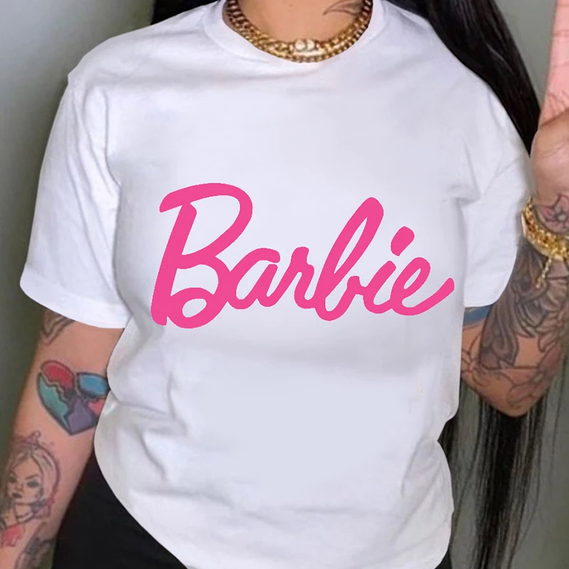 Cute Barbie 2024 New Women\'s T-Shirt Short Sleeve Fashion Casual Polyester Letter Print Round Neck Cartoon Girl T-Shirt Gift