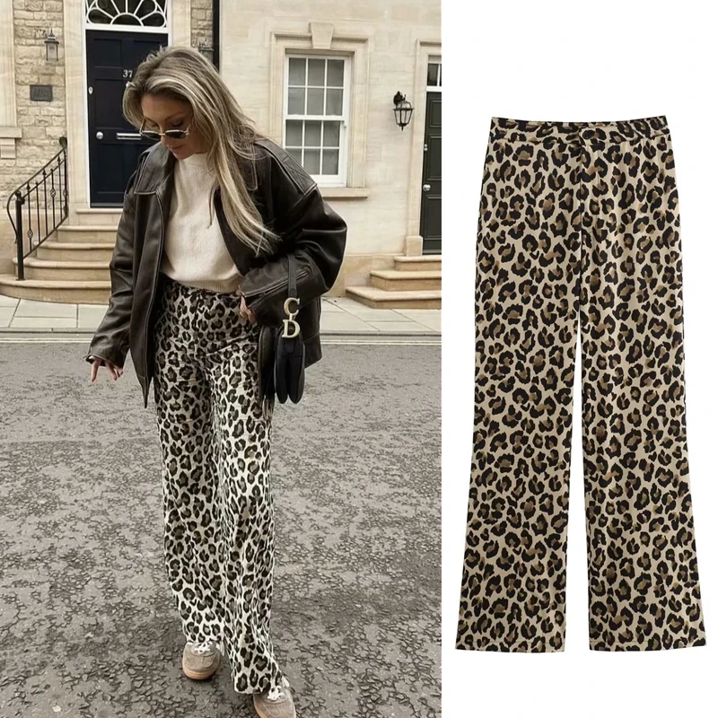 

PB&ZA women's 2024 summer new style comfortable mid-waist fashion animal print trousers straight pants 2183/045