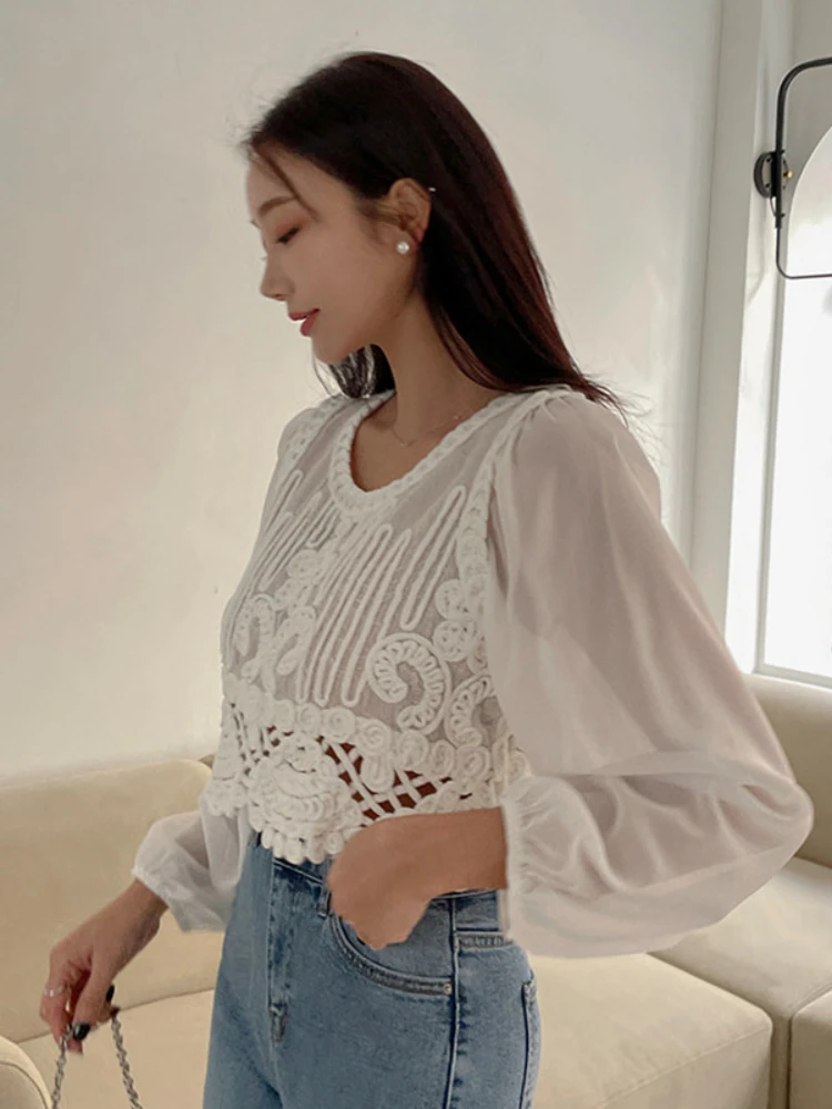 Spring Retro Women Pullover Shirt O-neck LongPuff Sleeves Slim Blouse Small Chiffon Crochet Hollow Out Short Top