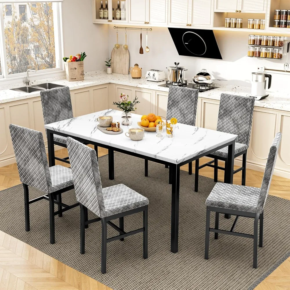 7-piece Set, Artificial Marble Table with Diamond Foam Chair, Modern 6-person Small Space Table