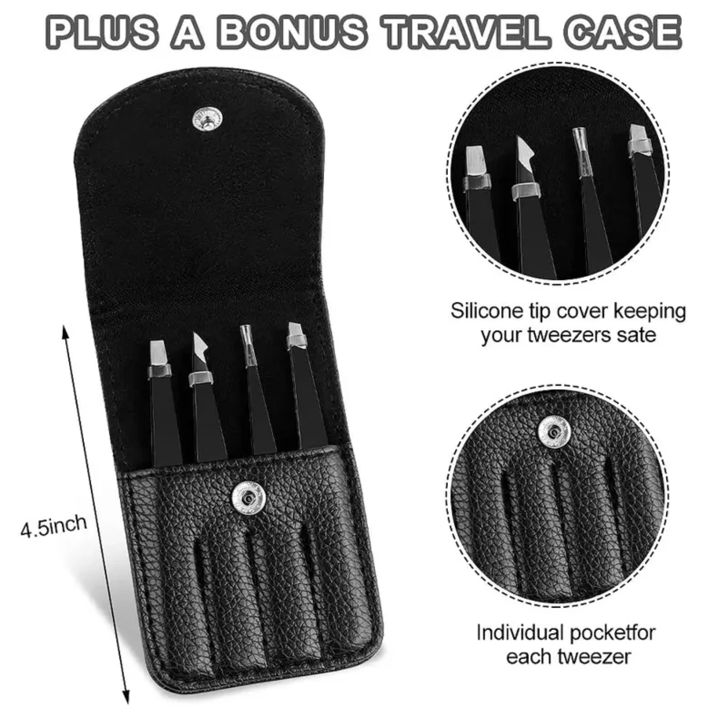 Набор из 4 прочных прецизионных пинцетов из нержавеющей стали с портативным дорожным футляром для удобного выщипывания и ухода за собой.