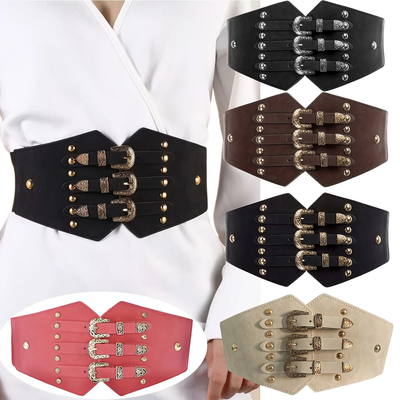 Sabuk Korset Elastis Vintage dengan Gesper Pin Lebar, Monokrom, Dapat Disesuaikan, Klasik untuk Rok, Mantel, dan Ikat Pinggang Wanita