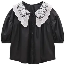 2024New Peter Pan Collar Blouse Summer Korean Loose Sweet Lacing 3/4 Sleeve Solid Single Breasted Thin Lantern Sleeve Sweet Tops