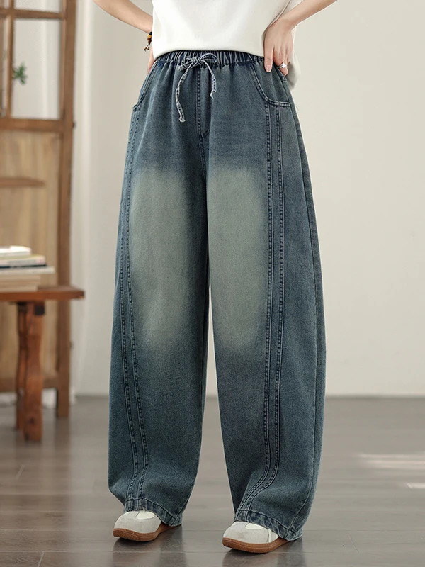 

Authentic Casual High Waist Wide Leg Jeans Elastic Loose Fit Versatile Blue Cotton Polyester Blend Spring Season Women's plus...