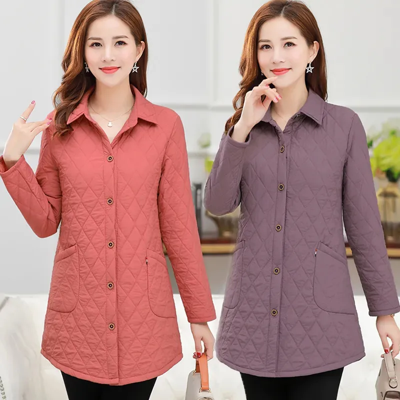 2023 Women\'s Spring Autumn Padded Jacket Mid-Length Single-Breasted Jackets Mother Loose Cotton Coat Top Female Pocket Outwear