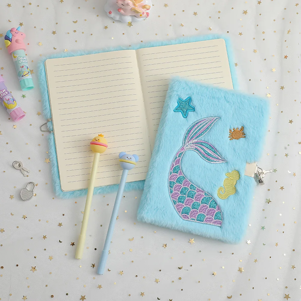 A5 Girl Cartoon Plush Locked Notebook Student Mermaid Tail Diary Book Children\'s Gift Plush Note Book Journal Office Accessories