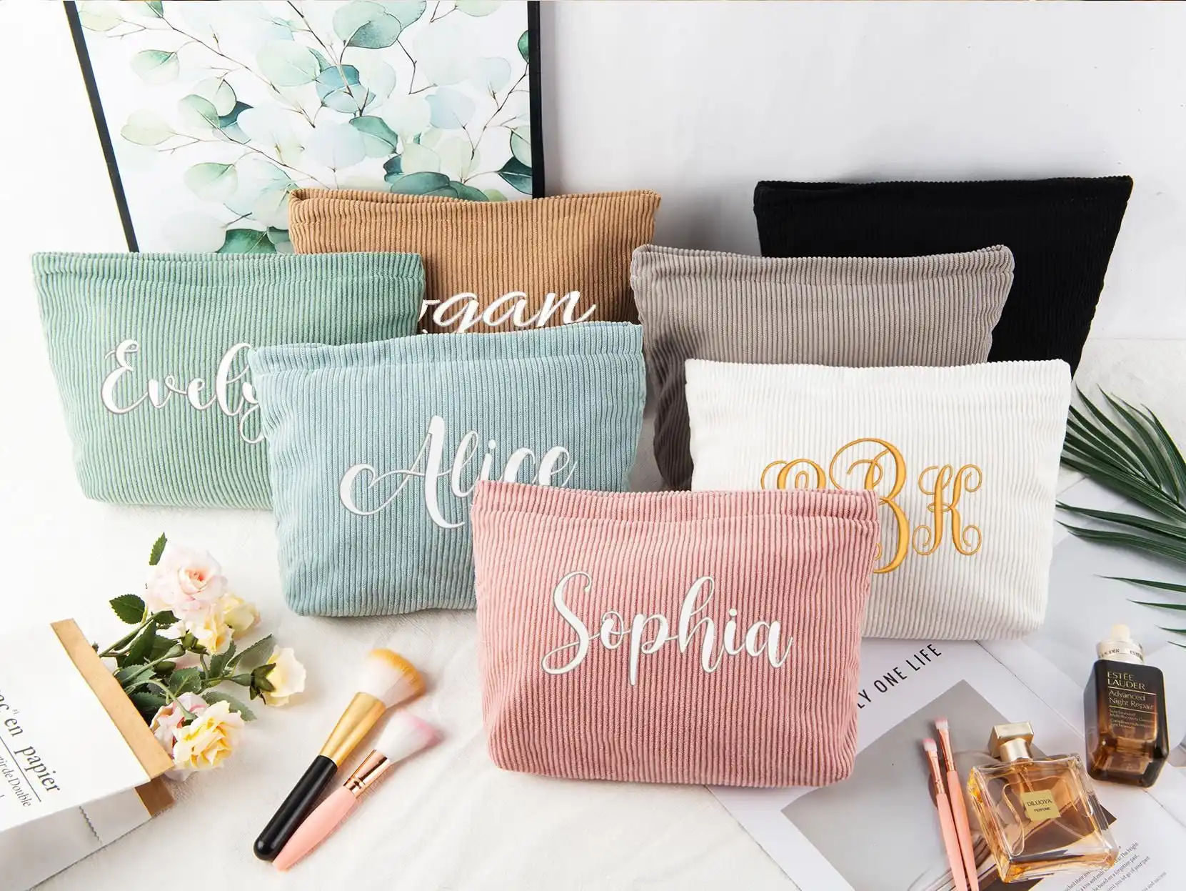Personalized Embroidered Corduroy Makeup Bag, Top-Handle Bags Bridesmaid Cosmetic Pouch Women's Handbags