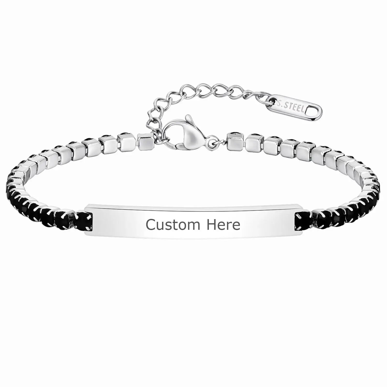 

Vnox Stainless Steel Black Zircon Curved Plate Bracelet, 17-21cm Adjustable Lobster Clasp Wristband, Anniversary Gift for Men